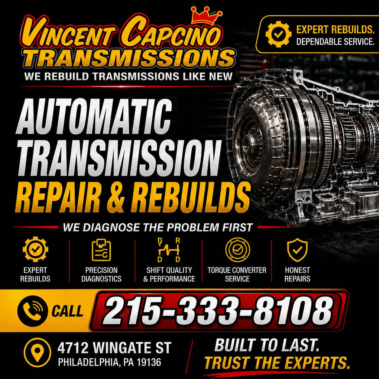 Tranmission Repair Northeast Philadelphia 19136 19114 19152 Vincent Capcino TRANSMISSION SERVICE
Vince Capcino's Transmissions Services all makes and models of Tranmissions